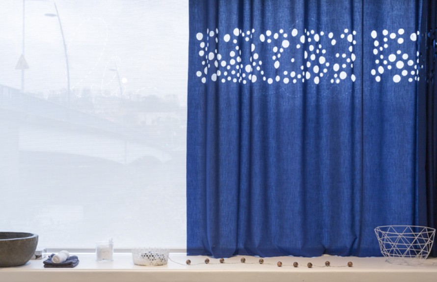 Translucent flat curtains in ultra marine blue details