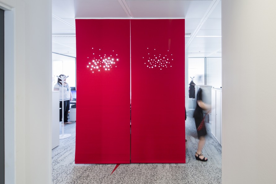 Space dividers in red felt with "city lights" digital cut design.