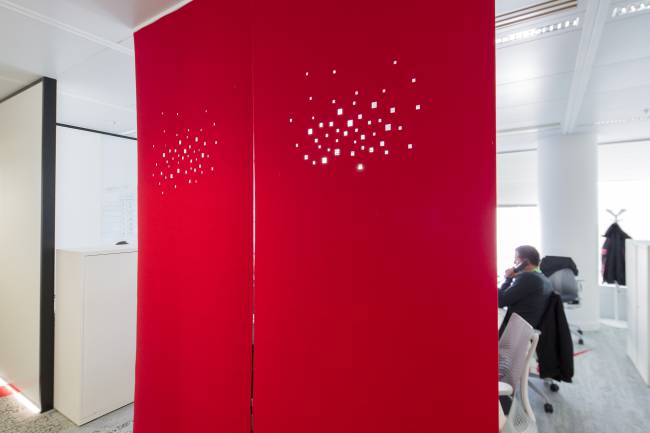 Space dividers in red felt with "city lights" digital cut design.