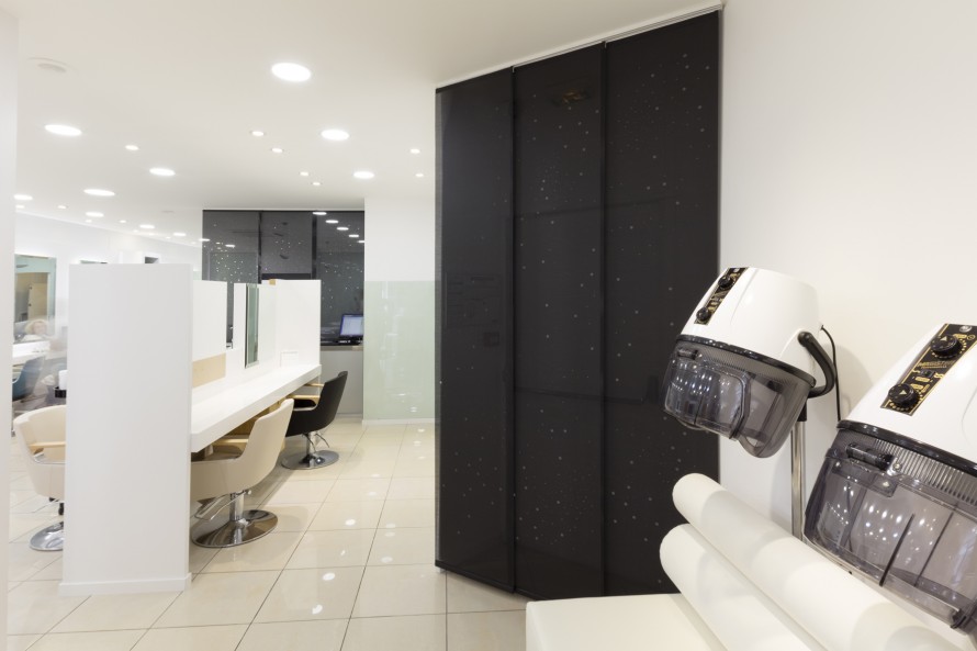 Overview : space dividers in black sun screen mesh with our « milky way » design